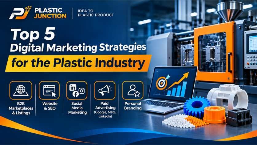 Top 5 digital marketing strategies for the plastic industry, including B2B marketplaces, website SEO, social media, paid advertising, and personal branding.