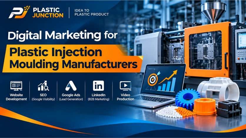Digital marketing services for plastic injection moulding manufacturers, including SEO, Google Ads, website development, LinkedIn marketing, and industrial video production.