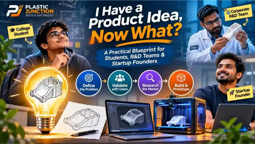 From product idea to prototype, showing product design sketches, CAD modelling and 3D printing.
