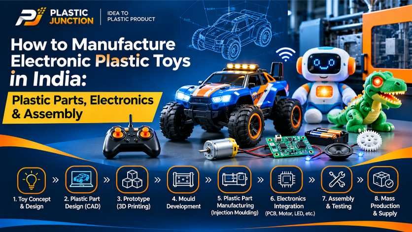 Electronic plastic toy manufacturing process showing plastic toy parts, electronic components, injection moulding, assembly, and testing.