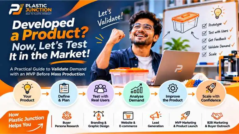 Product validation illustration showing MVP testing, customer feedback, and market research before mass production.